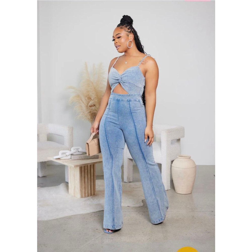 Flying Tomato Light Wash Denim Twist-Front Jumpsuit